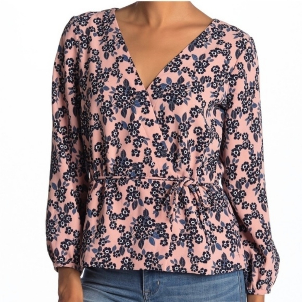 J. Crew Floral Pink Blue Poppy Faux Wrap Top Size 6 Tall